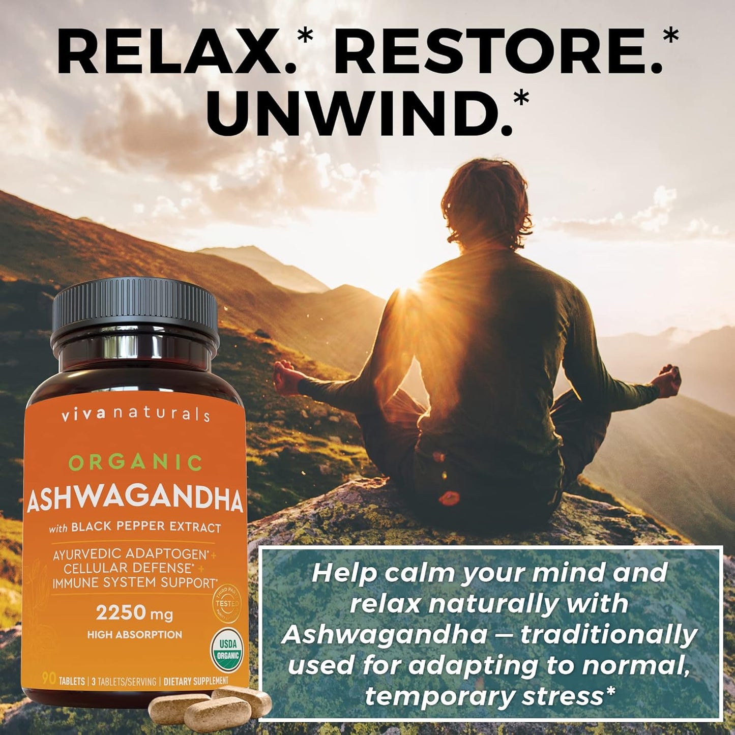 Organic Ashwagandha Supplement with Black Pepper - 2250mg Root Powder & Organic Black Pepper for Superior Absorption - Antioxidant & Immune Support - 90 Tablets