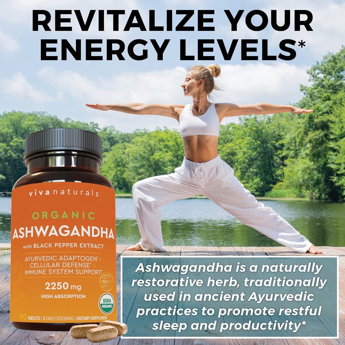 Organic Ashwagandha Supplement with Black Pepper - 2250mg Root Powder & Organic Black Pepper for Superior Absorption - Antioxidant & Immune Support - 90 Tablets