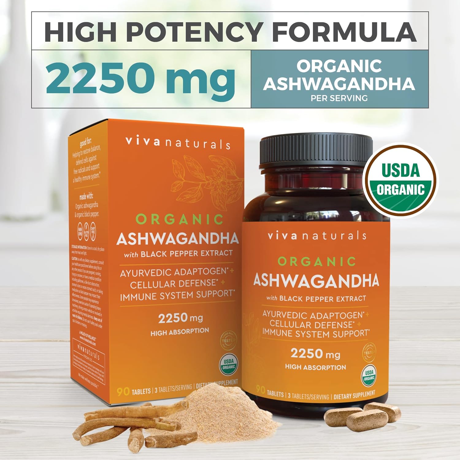 Organic Ashwagandha Supplement with Black Pepper - 2250mg Root Powder & Organic Black Pepper for Superior Absorption - Antioxidant & Immune Support - 90 Tablets