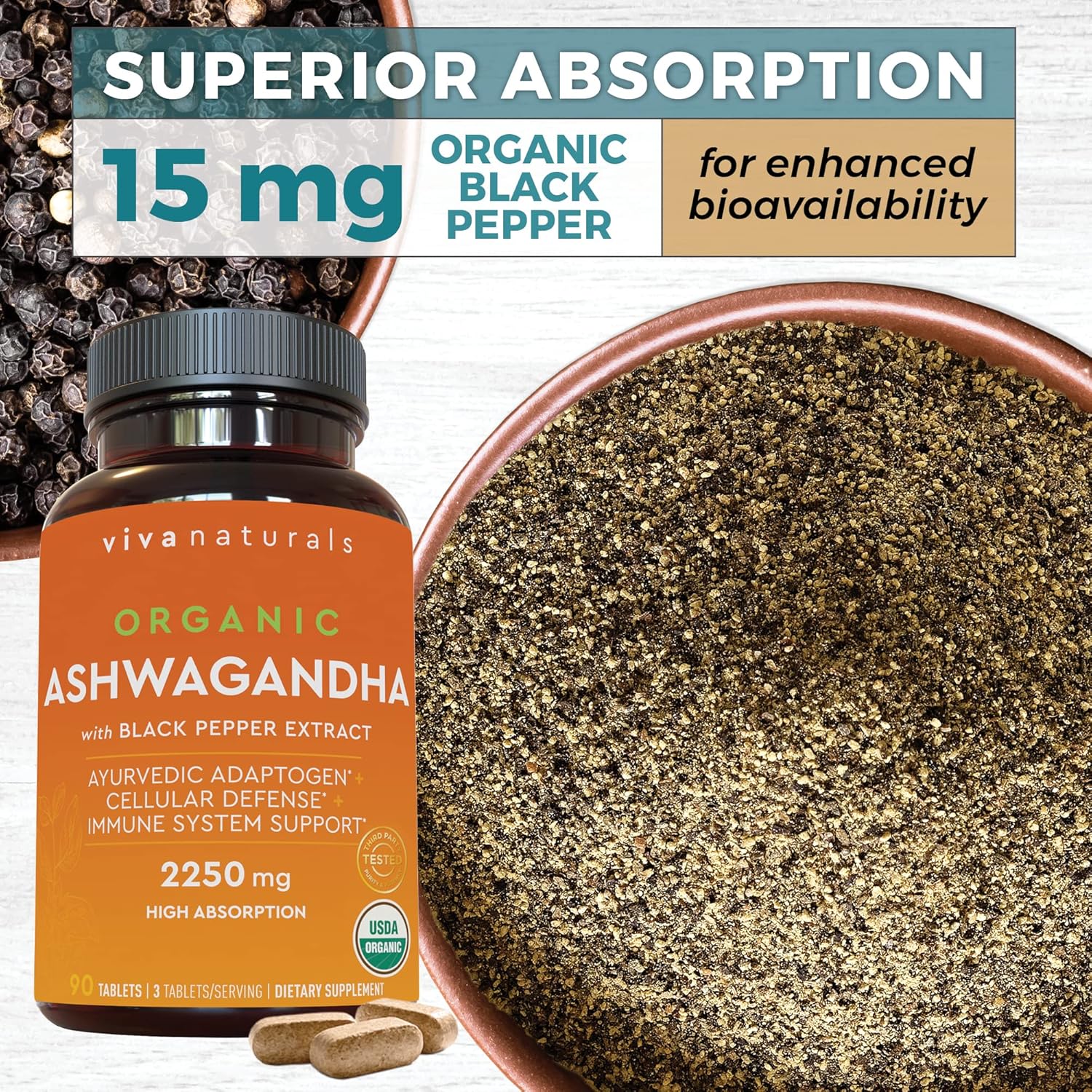 Organic Ashwagandha Supplement with Black Pepper - 2250mg Root Powder & Organic Black Pepper for Superior Absorption - Antioxidant & Immune Support - 90 Tablets