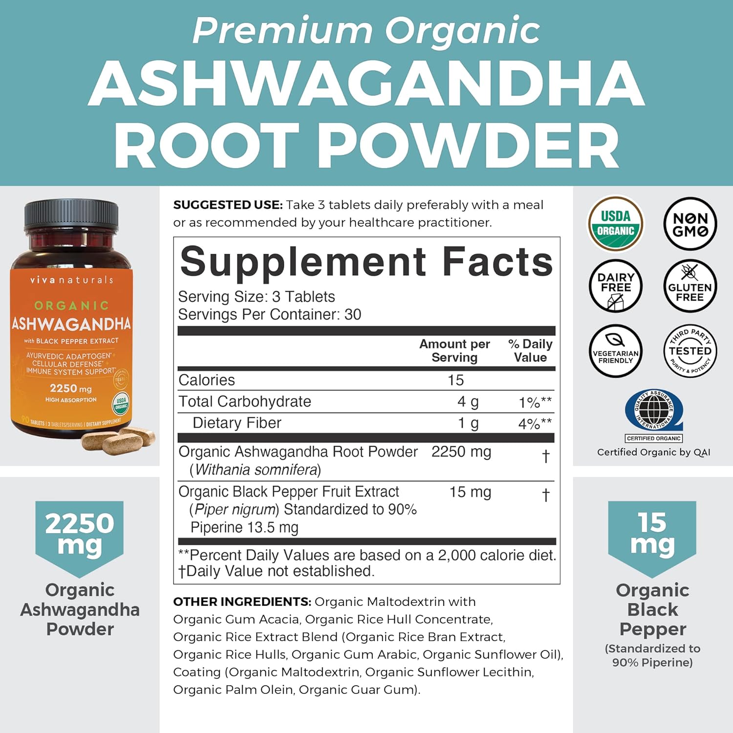 Organic Ashwagandha Supplement with Black Pepper - 2250mg Root Powder & Organic Black Pepper for Superior Absorption - Antioxidant & Immune Support - 90 Tablets