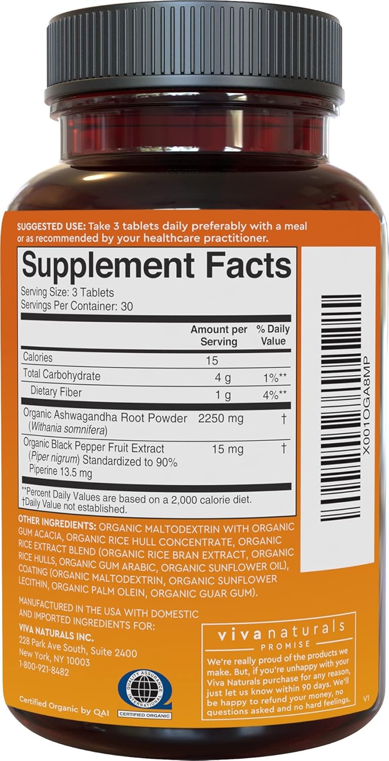 Organic Ashwagandha Supplement with Black Pepper - 2250mg Root Powder & Organic Black Pepper for Superior Absorption - Antioxidant & Immune Support - 90 Tablets