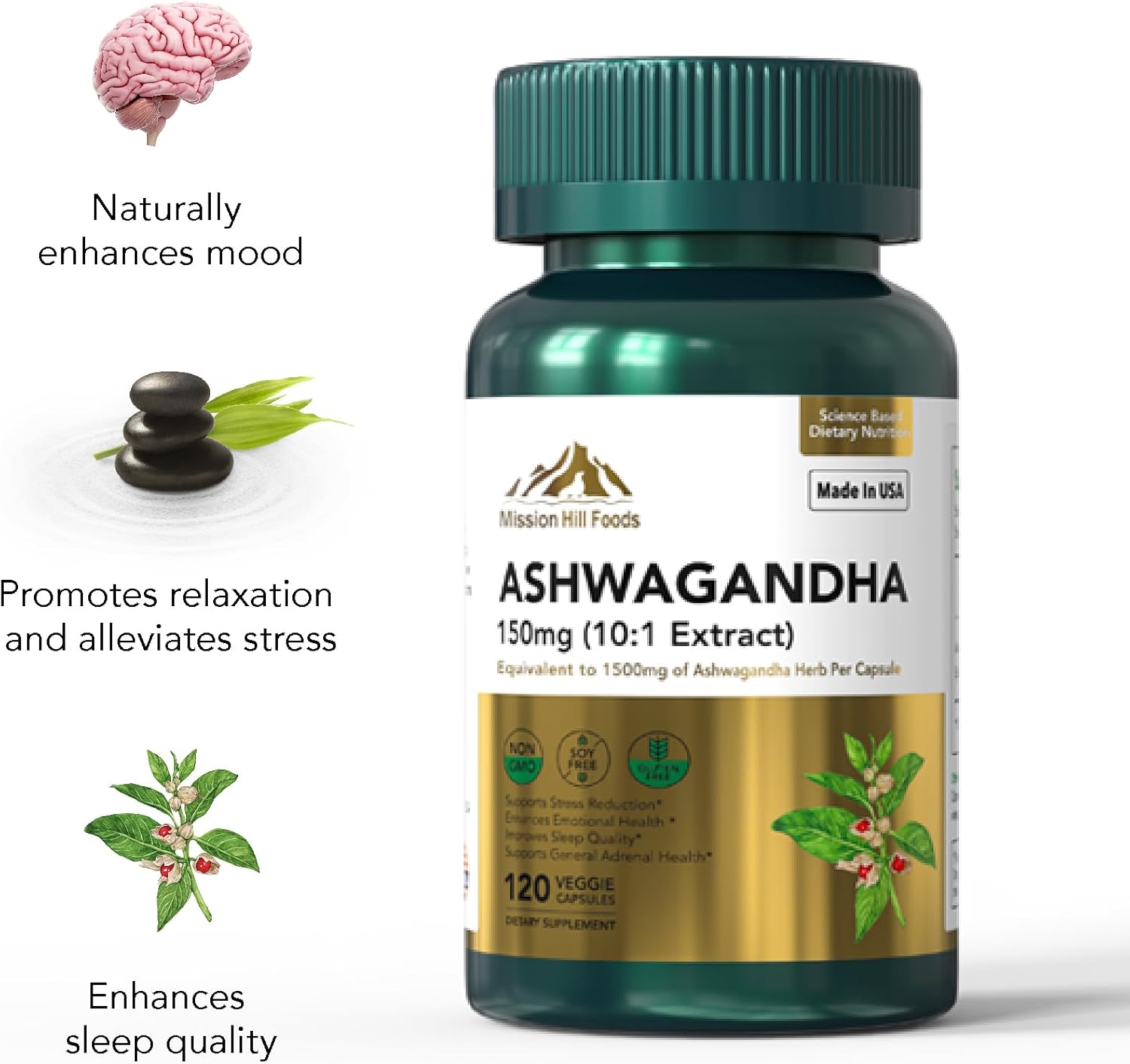 Organic Ashwagandha Supplements 150mg Extract = 1500mg Herb | Stress Relief, Immune Health, Energy | Non-GMO Gluten Free | 1 Bottle - 120 Capsules - 2 Month Supply