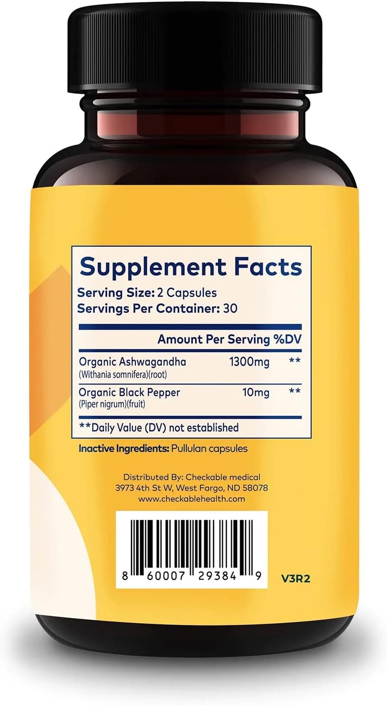 Organic Ashwagandha Supplements for Mood, Immune Health, Memory, and Focus - 1310mg with Black Pepper - 60 Capsules by Checkable - BoostGo Australia