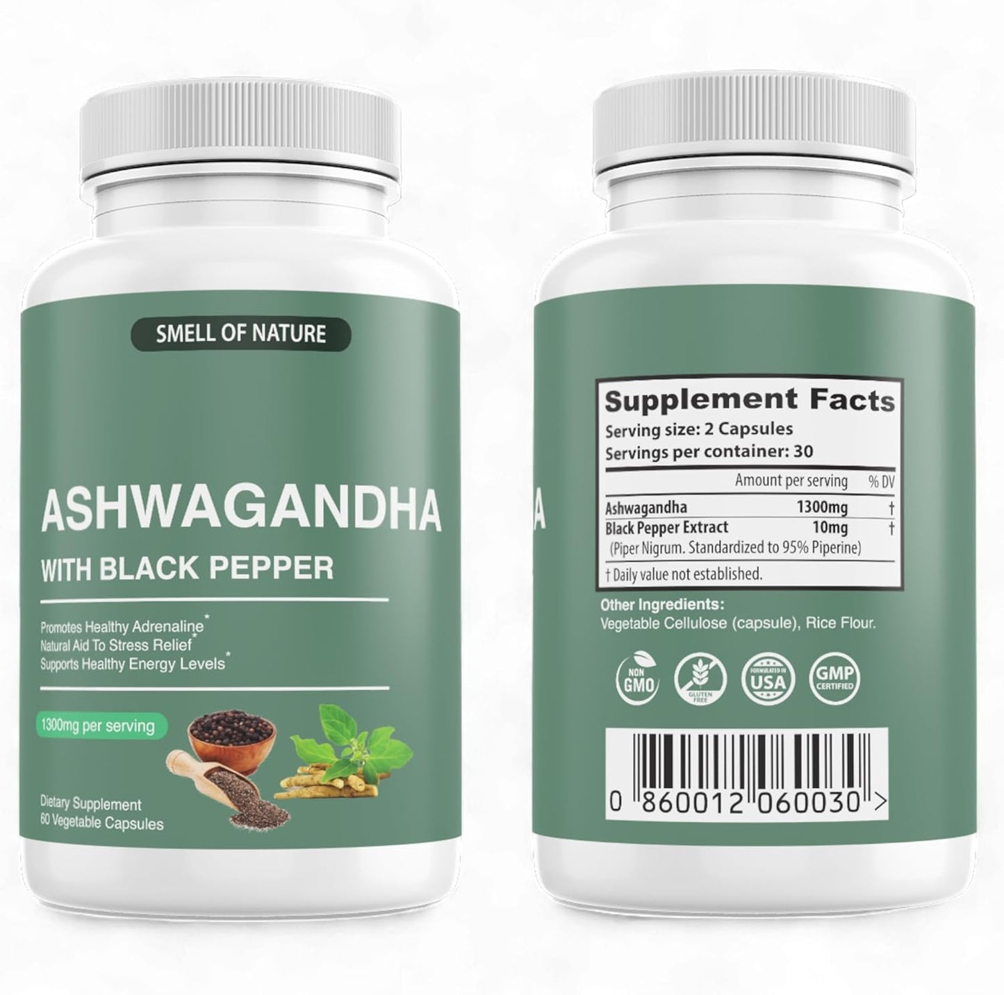Organic Ashwagandha Supplements with Black Pepper Extract - Energy Support - 1300mg Pure Ashwagandha - Non-GMO, Gluten-Free, Vegan - 60 Capsules by Nature’s Smell
