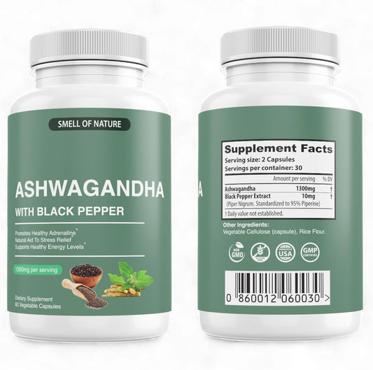 Organic Ashwagandha Supplements with Black Pepper Extract - Energy Support - 1300mg Pure Ashwagandha - Non-GMO, Gluten-Free, Vegan - 60 Capsules by Nature’s Smell