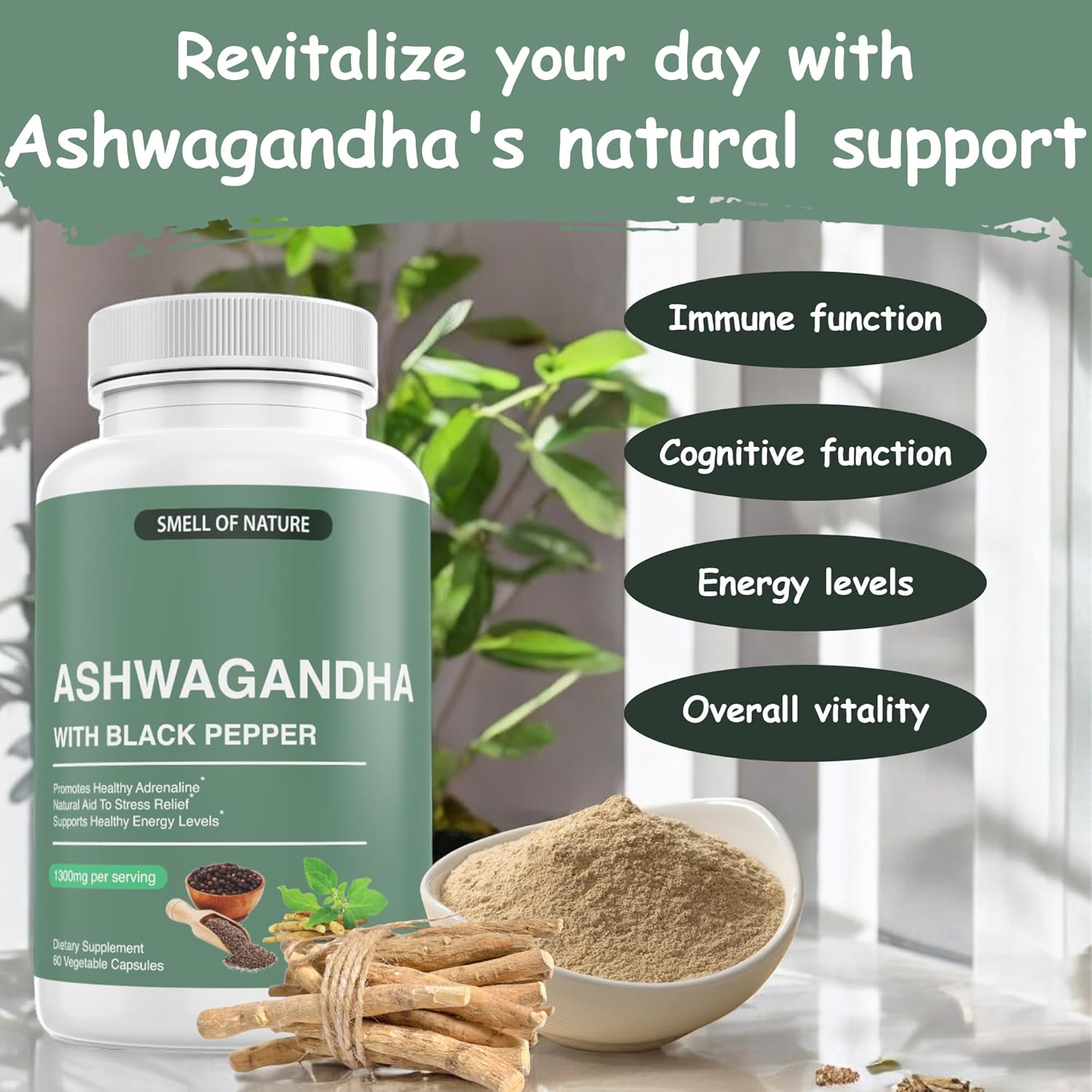 Organic Ashwagandha Supplements with Black Pepper Extract - Energy Support - 1300mg Pure Ashwagandha - Non-GMO, Gluten-Free, Vegan - 60 Capsules by Nature’s Smell