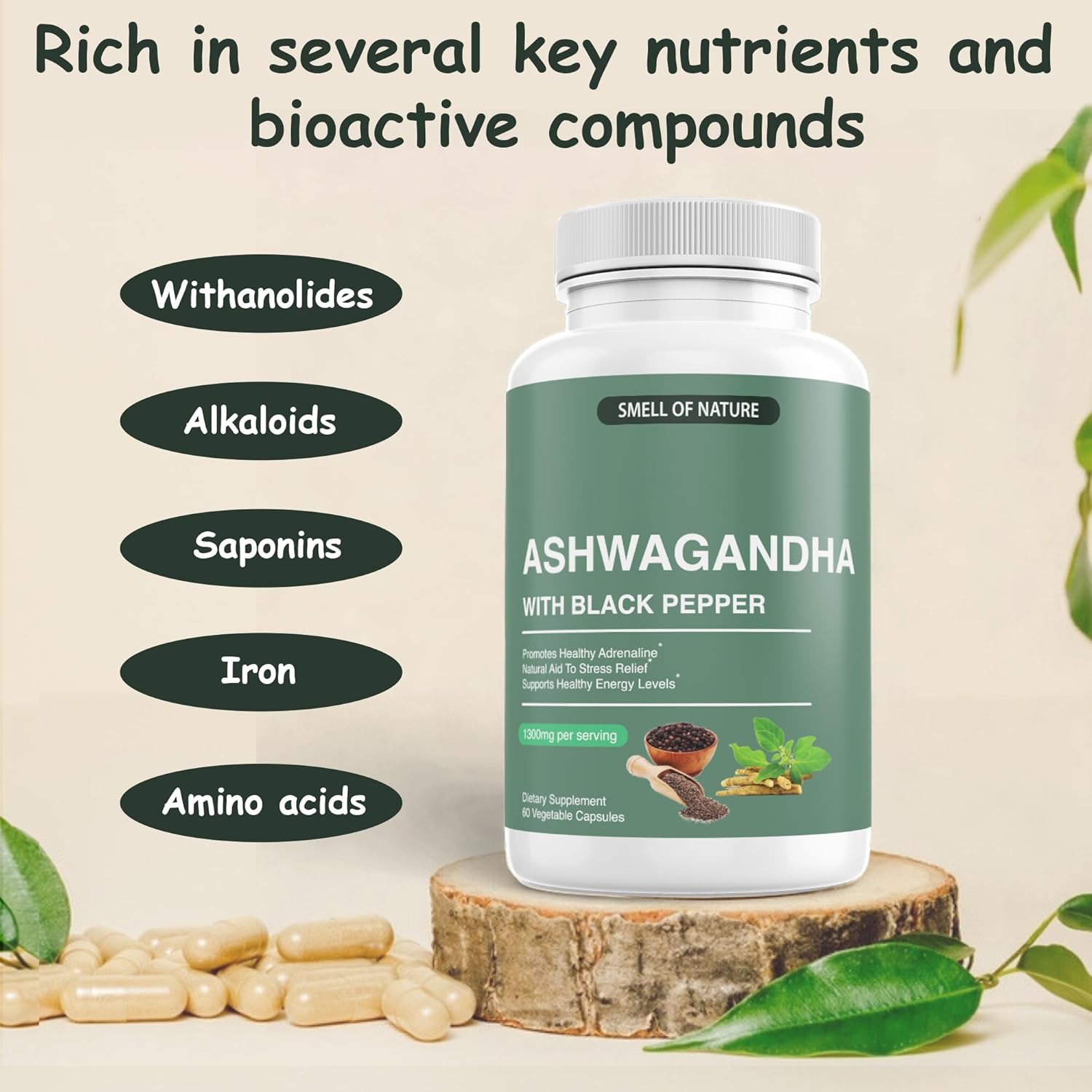 Organic Ashwagandha Supplements with Black Pepper Extract - Energy Support - 1300mg Pure Ashwagandha - Non-GMO, Gluten-Free, Vegan - 60 Capsules by Nature’s Smell