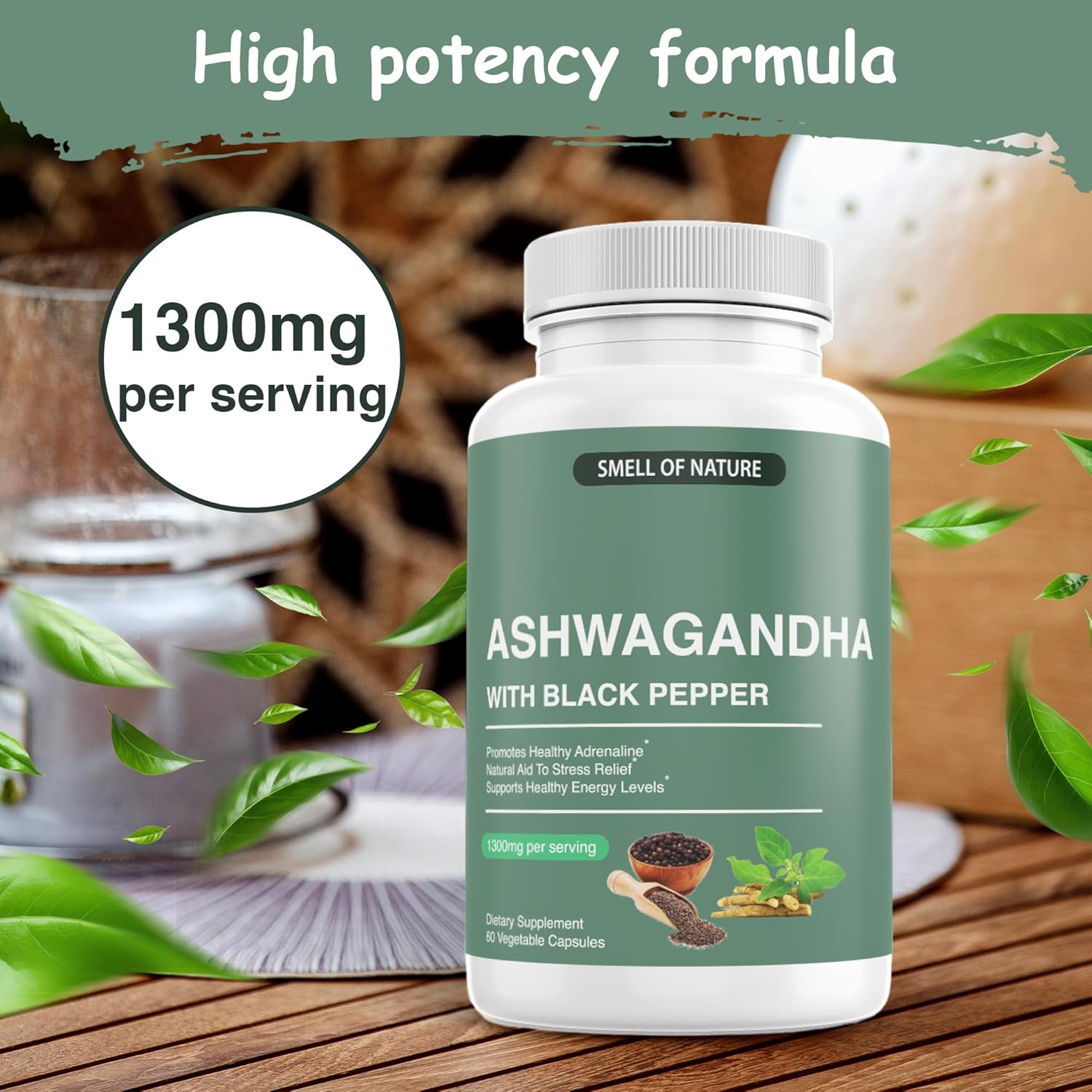 Organic Ashwagandha Supplements with Black Pepper Extract - Energy Support - 1300mg Pure Ashwagandha - Non-GMO, Gluten-Free, Vegan - 60 Capsules by Nature’s Smell