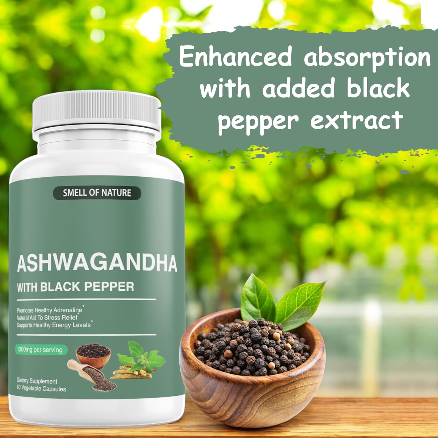Organic Ashwagandha Supplements with Black Pepper Extract - Energy Support - 1300mg Pure Ashwagandha - Non-GMO, Gluten-Free, Vegan - 60 Capsules by Nature’s Smell
