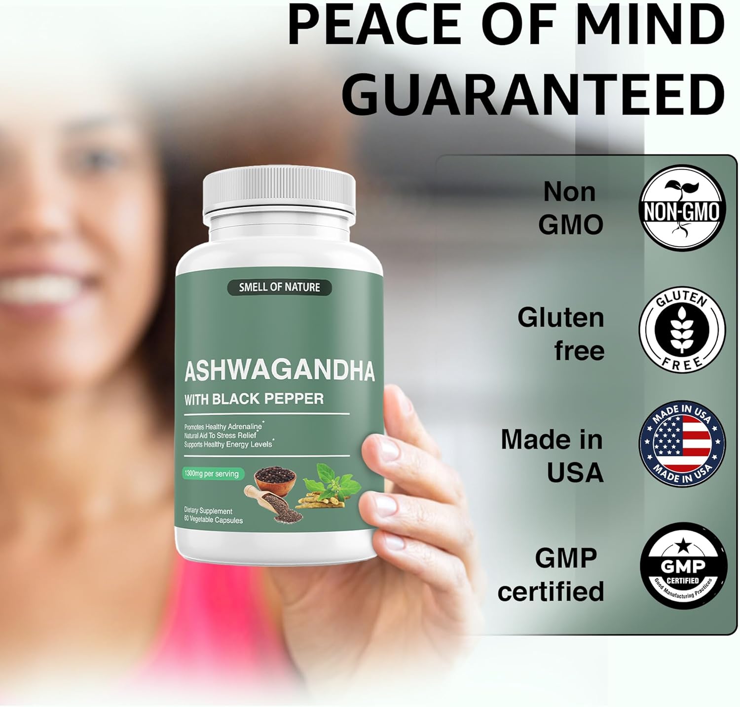Organic Ashwagandha Supplements with Black Pepper Extract - Energy Support - 1300mg Pure Ashwagandha - Non-GMO, Gluten-Free, Vegan - 60 Capsules by Nature’s Smell