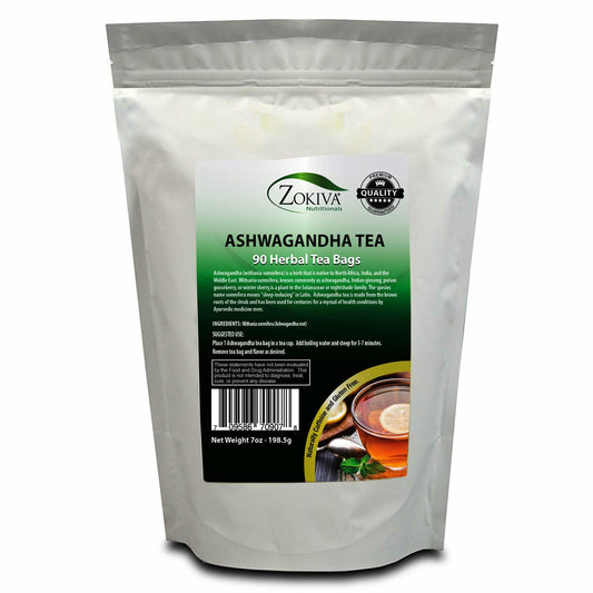 Organic Ashwagandha Tea Bags - Premium Quality 100% Pure Root - Withania Somnifera - 90 Bags - Zokiva Nutritionals