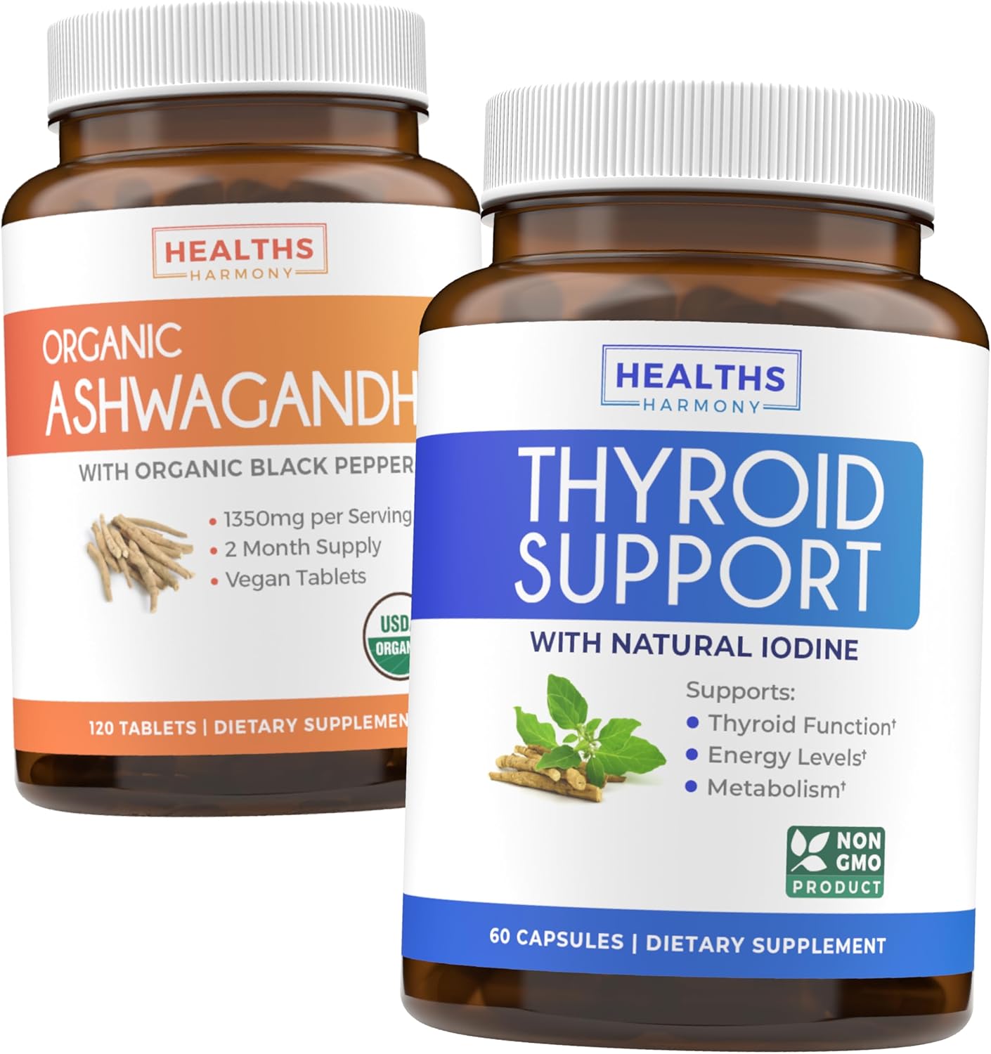 Organic Ashwagandha & Thyroid Balance Pack - Adrenal & Cortisol Support for Energy (2-Month Supply)