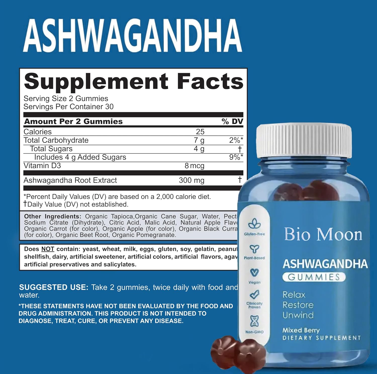 Organic Ashwagandha & Vitamin D3 Gummies for Sleep, Stress Relief & Mood - 60 Count - Non-GMO & Gluten Free