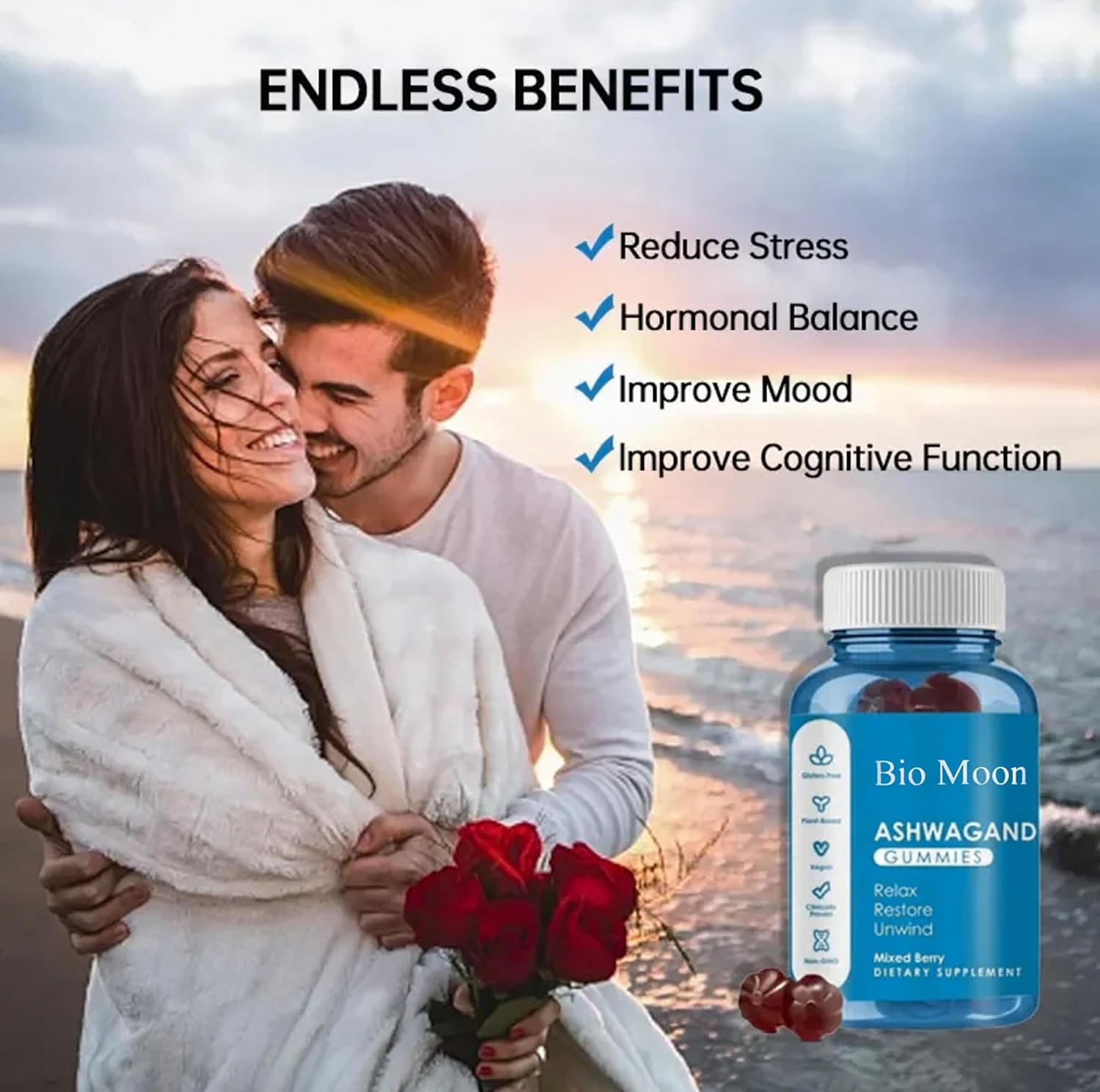 Organic Ashwagandha & Vitamin D3 Gummies for Sleep, Stress Relief & Mood - 60 Count - Non-GMO & Gluten Free