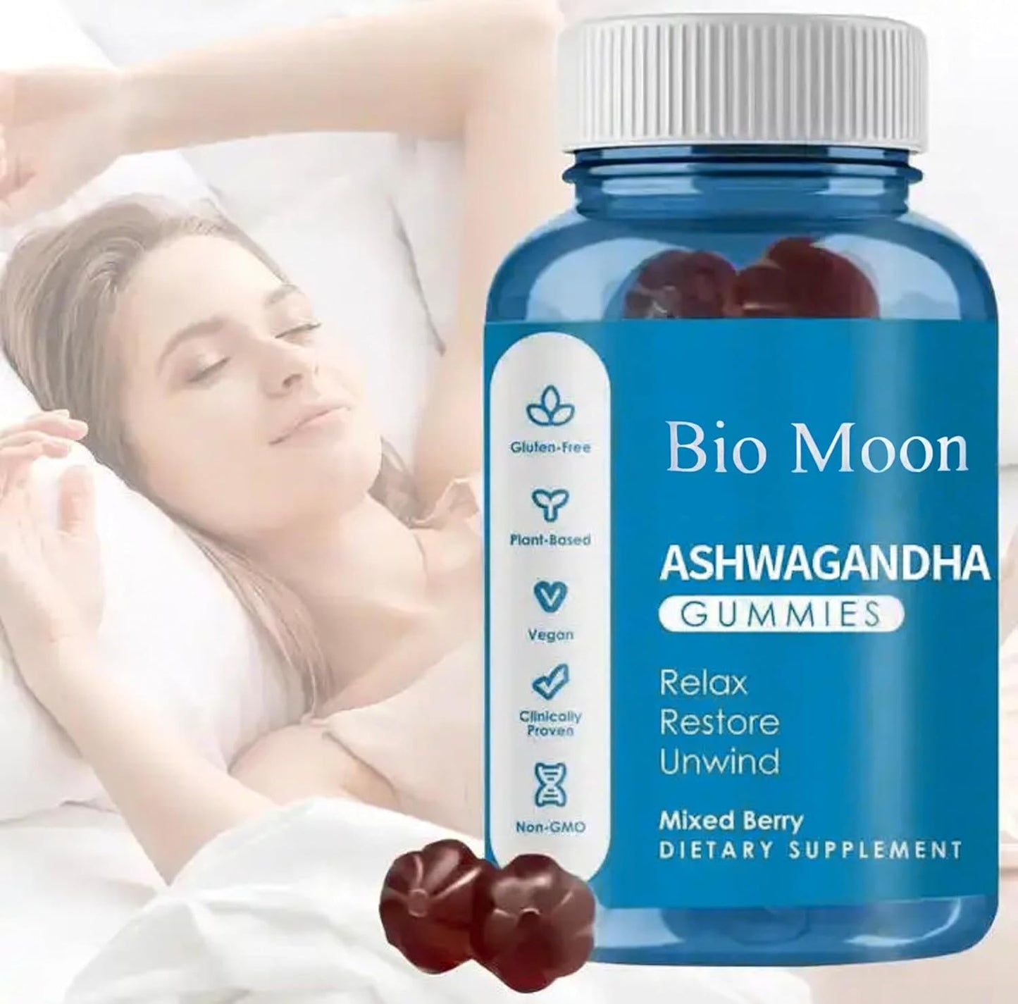 Organic Ashwagandha & Vitamin D3 Gummies for Sleep, Stress Relief & Mood - 60 Count - Non-GMO & Gluten Free