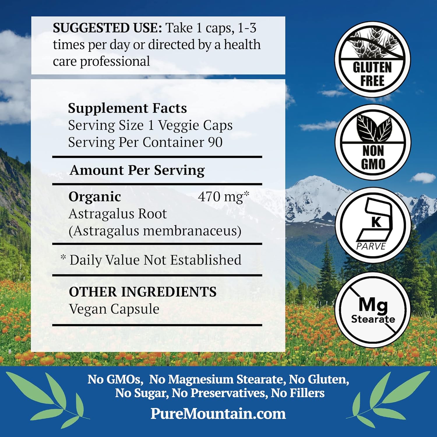 Organic Astragalus Root Capsules - 90 Kosher Vegan Caps with 470mg - Pure Mountain Botanicals