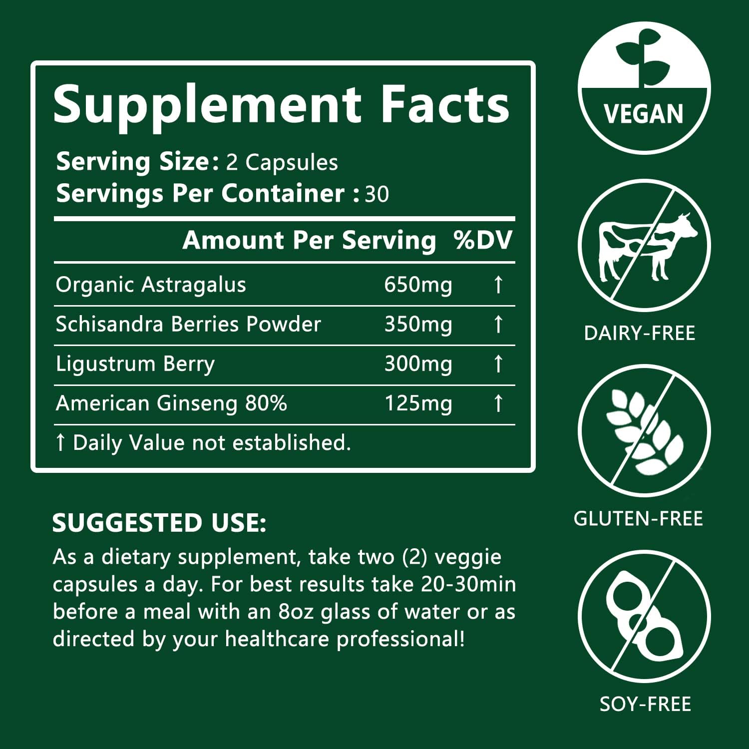Organic Astragalus Root Extract Capsules with Schisandra Berries & American Ginseng - Immune Support & Anti-Aging Antioxidants - Made in USA