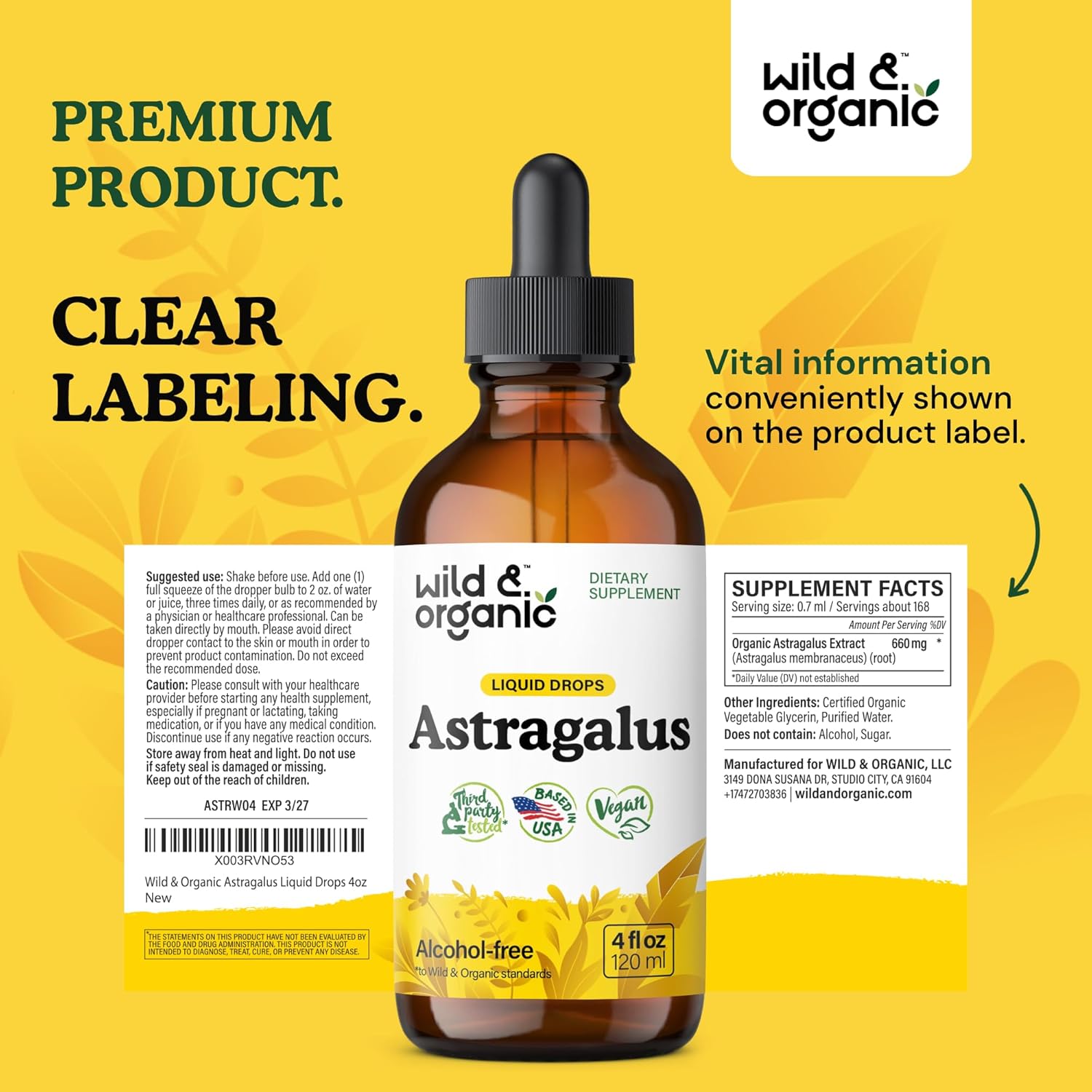 Organic Astragalus Root Extract Tincture - Immune Support Supplement for Vegan Immunity - Alcohol and Sugar-Free 4 fl oz Drops