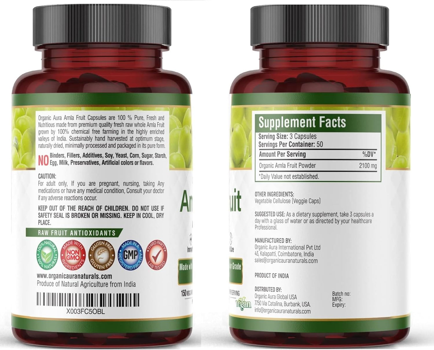 Organic Aura Amla Capsules 2100mg - Immunity Boosting Vitamin C Supplement - 150 Count - Non GMO Vegan Formula