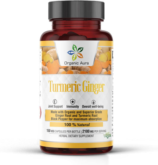 Organic Aura International Turmeric Curcumin and Ginger Capsules - 150 Veg High-Potency Blend for Joint Health and Flexibility - BoostGo Australia