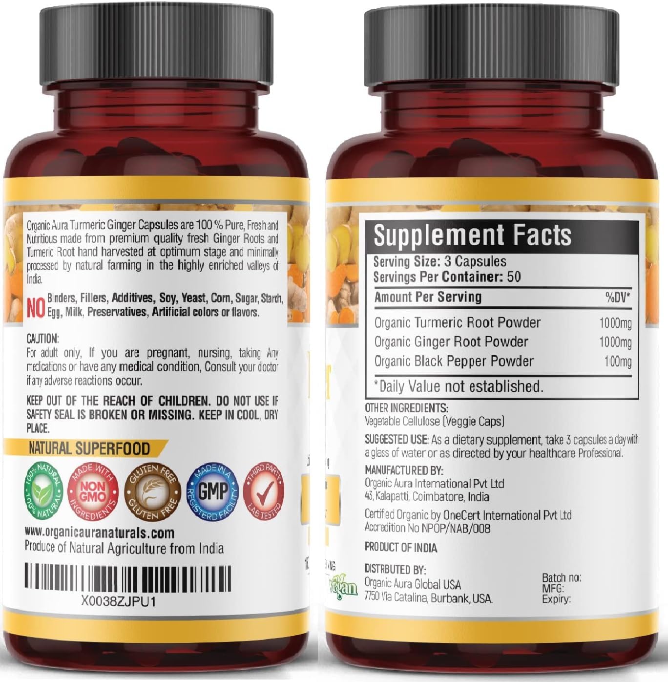 Organic Aura International Turmeric Curcumin and Ginger Capsules - 150 Veg High-Potency Blend for Joint Health and Flexibility - BoostGo Australia