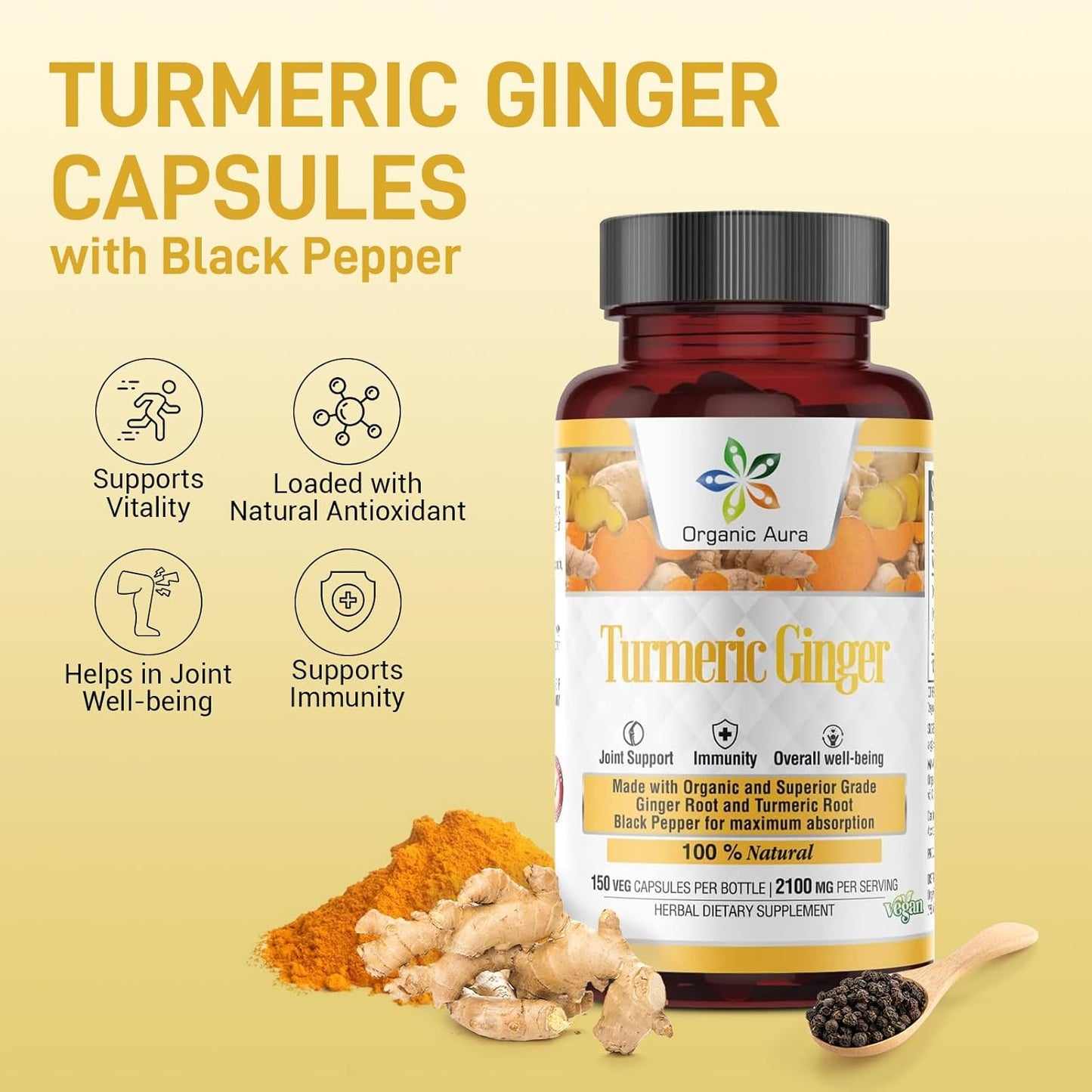 Organic Aura International Turmeric Curcumin and Ginger Capsules - 150 Veg High-Potency Blend for Joint Health and Flexibility - BoostGo Australia