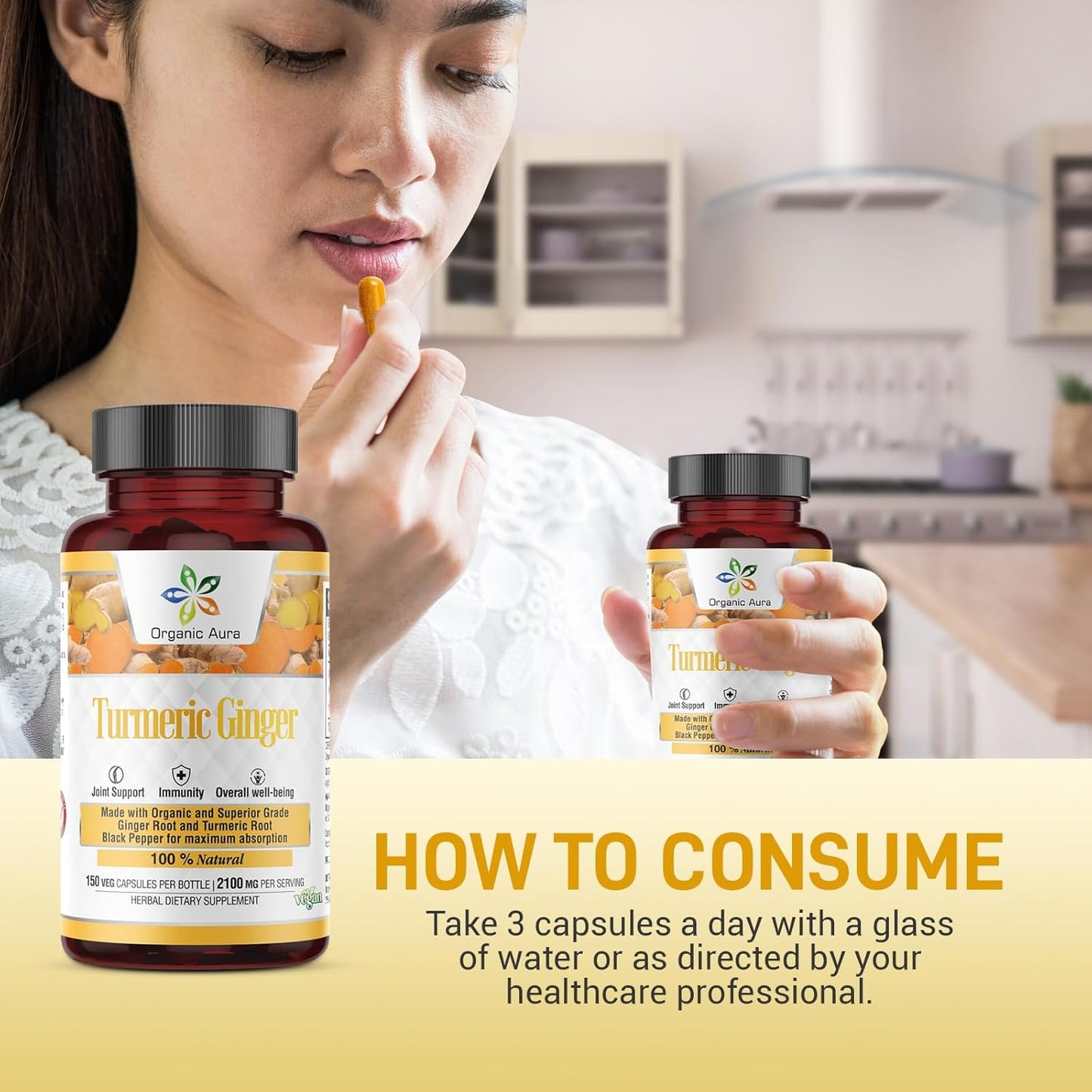 Organic Aura International Turmeric Curcumin and Ginger Capsules - 150 Veg High-Potency Blend for Joint Health and Flexibility - BoostGo Australia