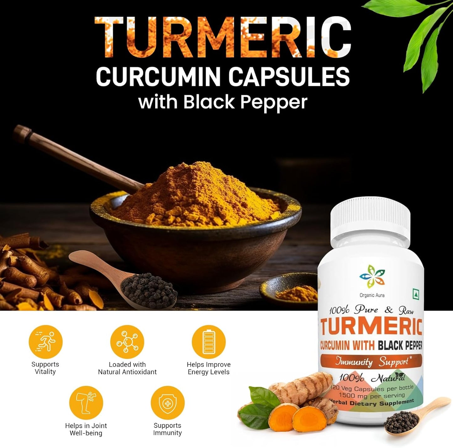 Organic Aura International Turmeric Curcumin Supplement for Wellness, Immunity, Skin, Cleanse, Detox, Bones, and Joints.