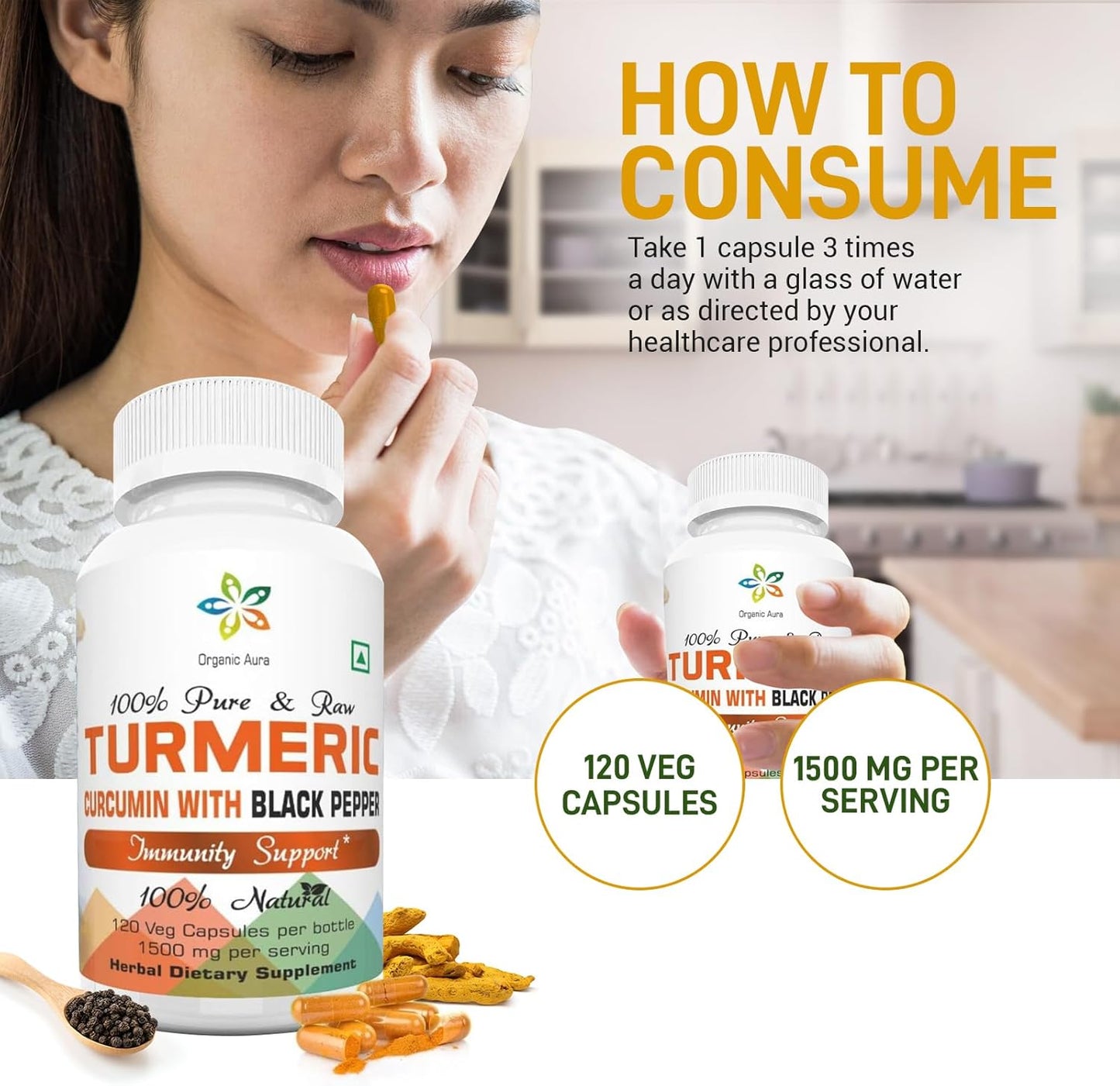 Organic Aura International Turmeric Curcumin Supplement for Wellness, Immunity, Skin, Cleanse, Detox, Bones, and Joints.