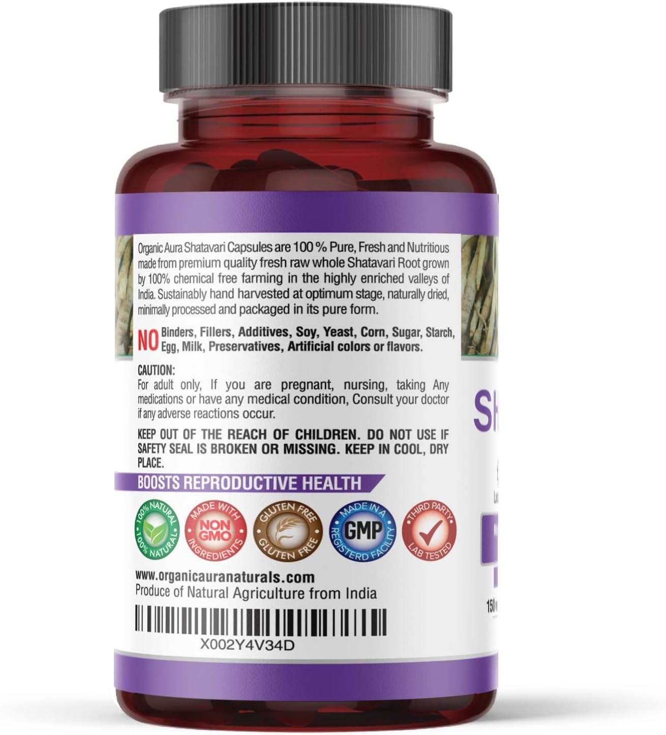 Organic Aura Shatavari Capsules - 150 Veg HPMC Capsules for Women's Health and Immunity - Natural Herbal Supplement