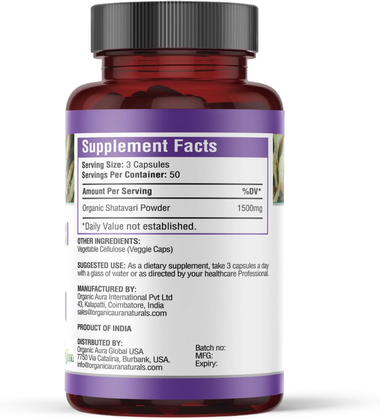 Organic Aura Shatavari Capsules - 150 Veg HPMC Capsules for Women's Health and Immunity - Natural Herbal Supplement