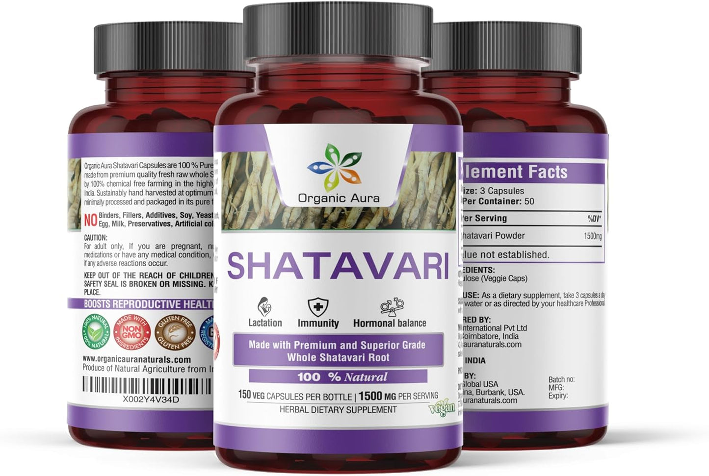 Organic Aura Shatavari Capsules - 150 Veg HPMC Capsules for Women's Health and Immunity - Natural Herbal Supplement