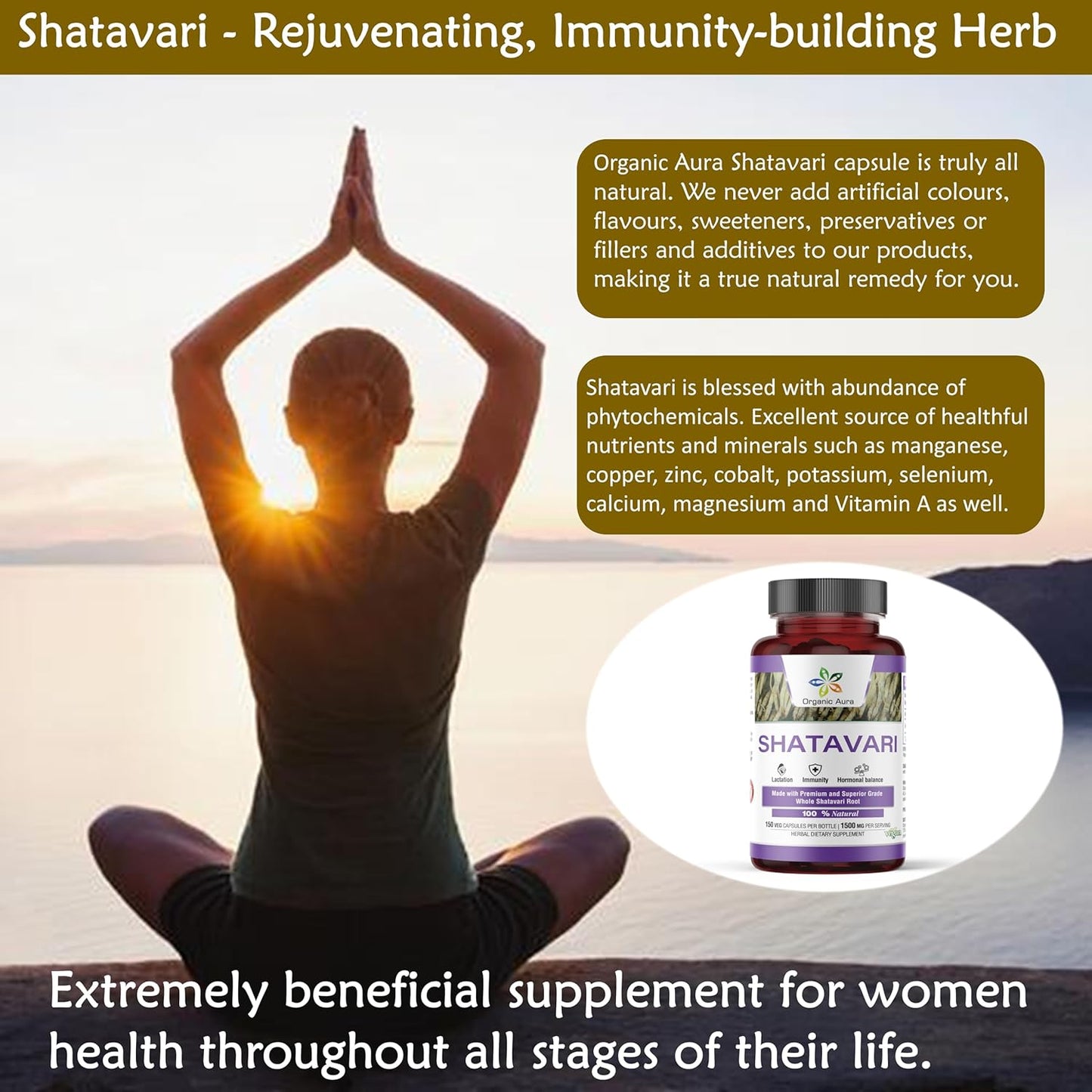Organic Aura Shatavari Capsules - 150 Veg HPMC Capsules for Women's Health and Immunity - Natural Herbal Supplement