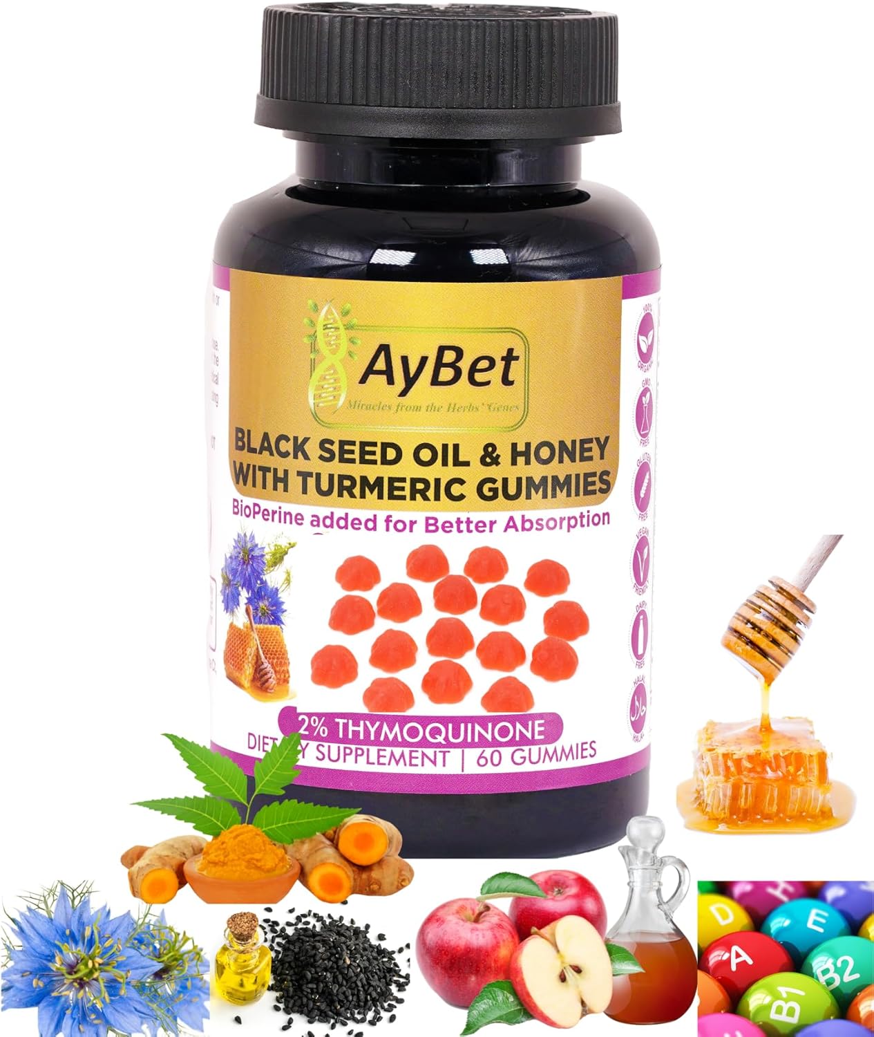 Organic AyBet Black Seed Oil & Honey Gummies with Turmeric and Vitamins - Vegan, Halal, Gluten-Free, 60 Count