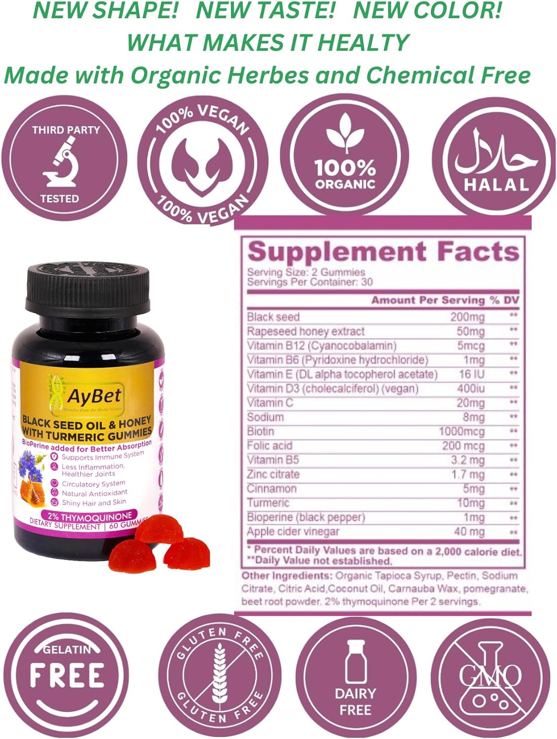 Organic AyBet Black Seed Oil & Honey Gummies with Turmeric and Vitamins - Vegan, Halal, Gluten-Free, 60 Count