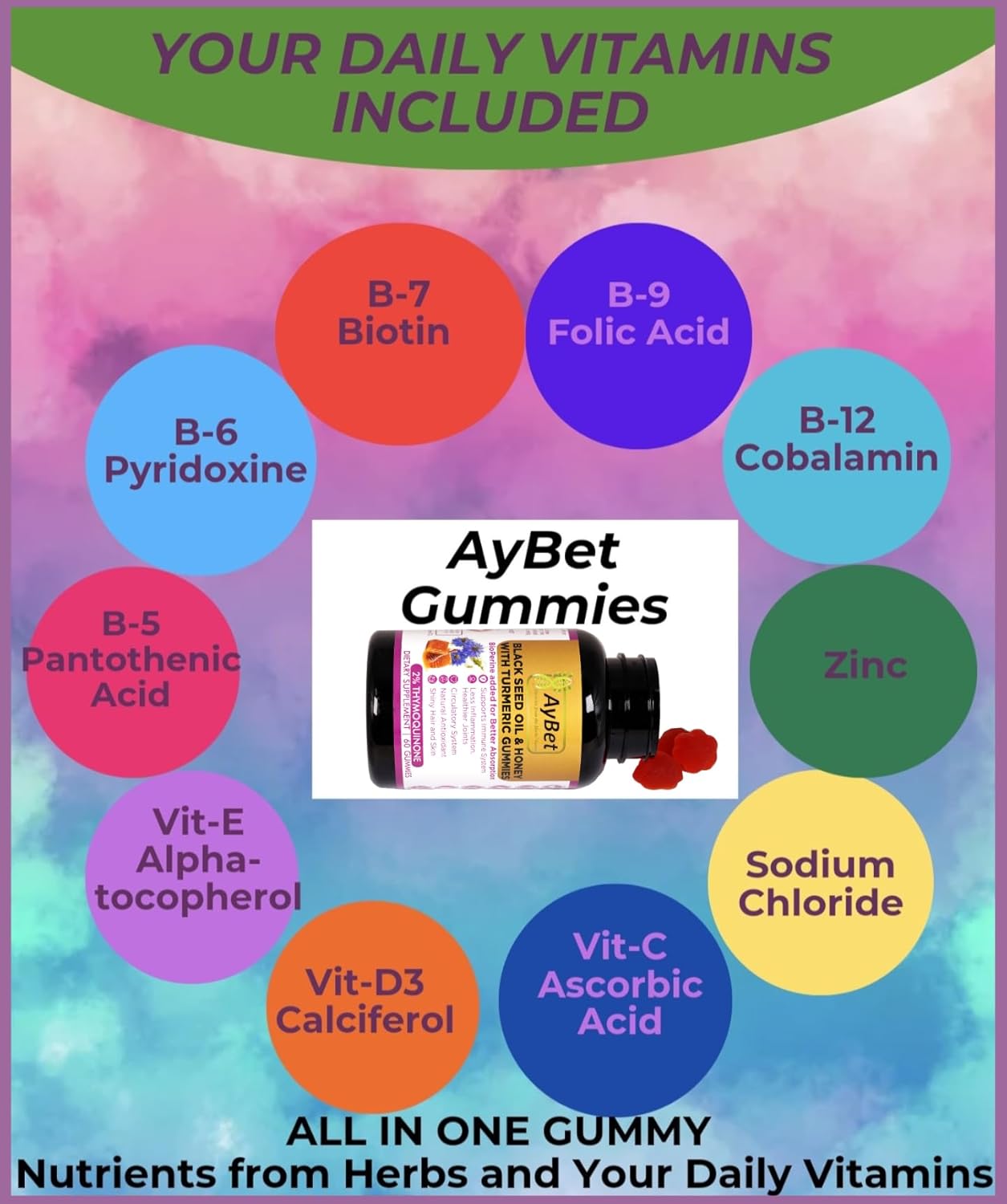 Organic AyBet Black Seed Oil & Honey Gummies with Turmeric and Vitamins - Vegan, Halal, Gluten-Free, 60 Count