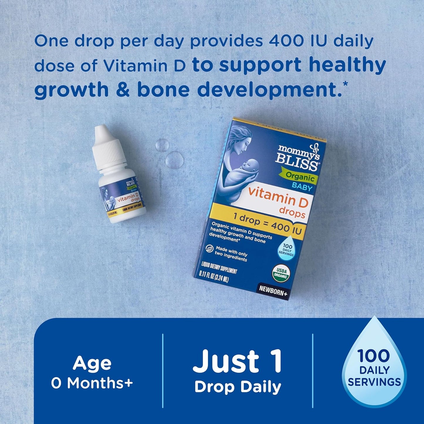 Organic Baby Vitamin D Drops for Healthy Growth and Bone Development | Age Newborn+ | 0.11 Fl Oz (100 Servings) | Pack of 2