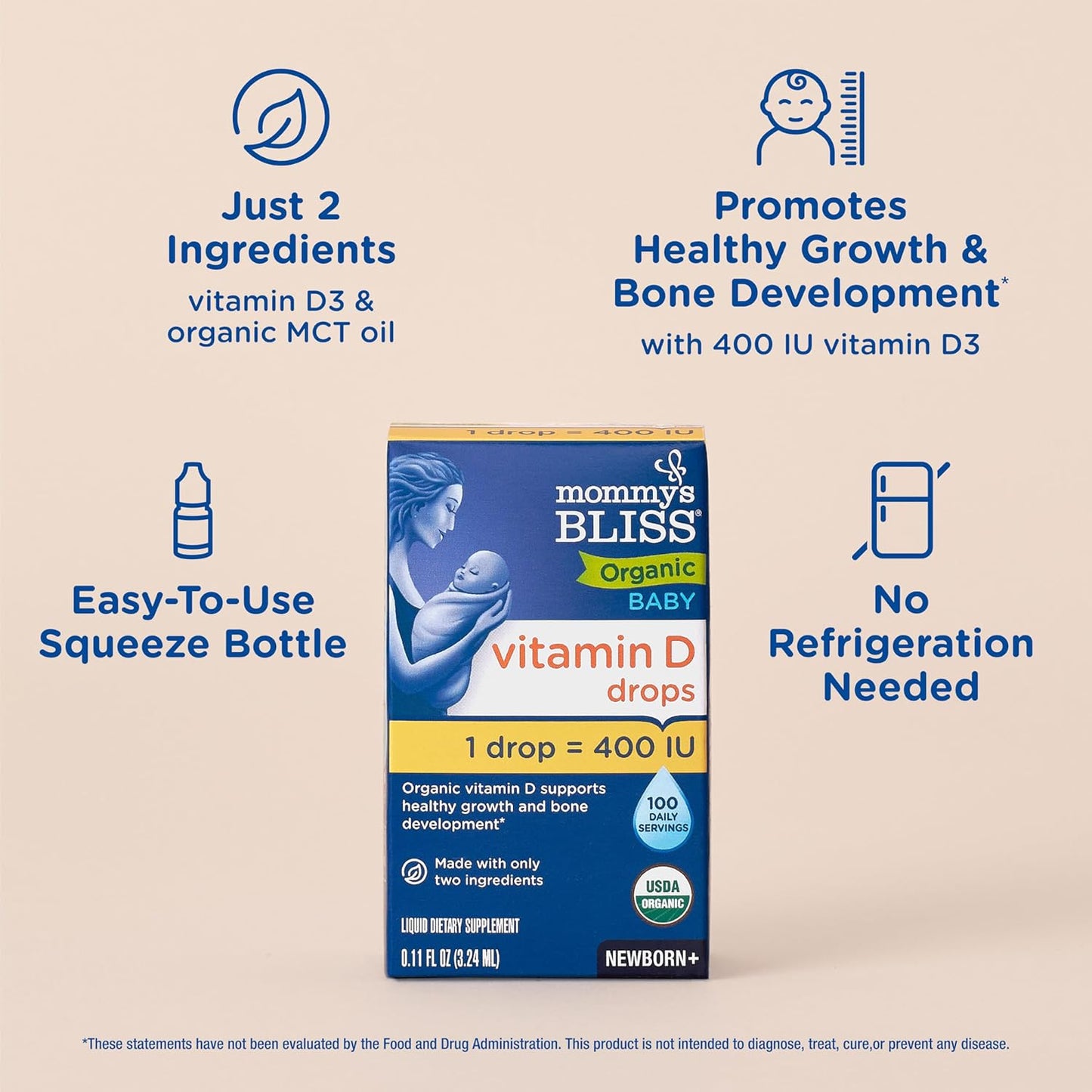 Organic Baby Vitamin D Drops for Healthy Growth and Bone Development | Age Newborn+ | 0.11 Fl Oz (100 Servings) | Pack of 2