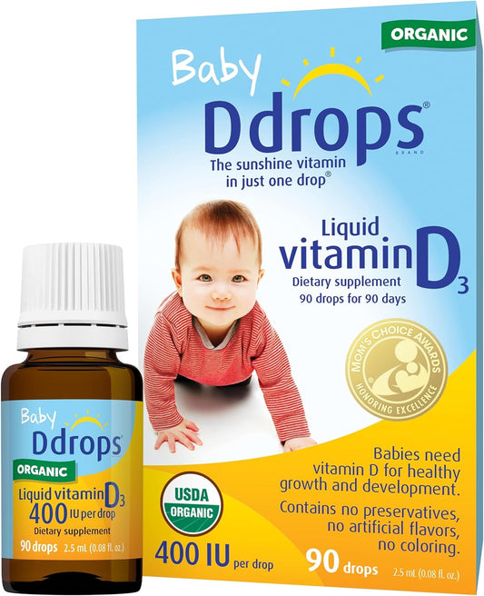 Organic Baby Vitamin D Liquid Drops - 400 IU, Teeth & Bone Health Support, Non-GMO, No Preservatives, Pack of 2