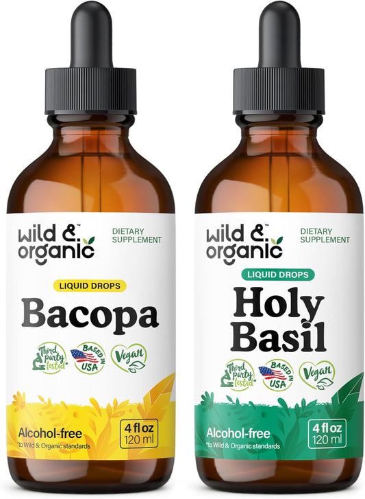 Organic Bacopa and Holy Basil Herbal Tinctures - 4 fl oz Each