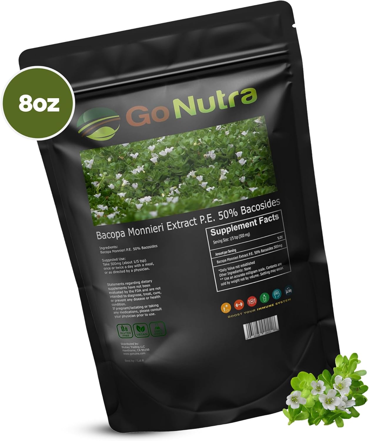 Organic Bacopa Monnieri Extract Powder - 50% Bacosides - Herbal Brahmi Supplement - 8 oz.