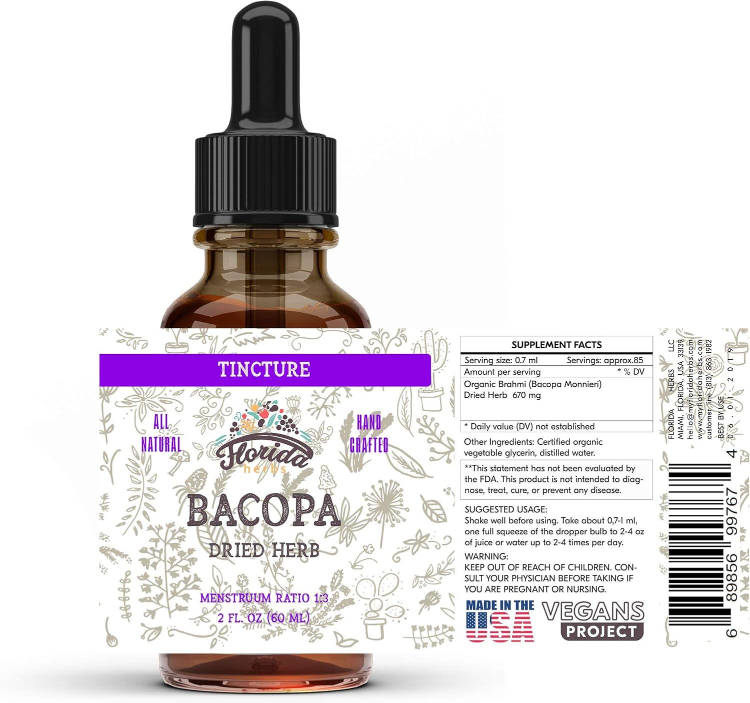 Organic Bacopa Monnieri Liquid Extract - Herbal Supplement, Non-GMO, Cold-Pressed, 700mg, 4oz