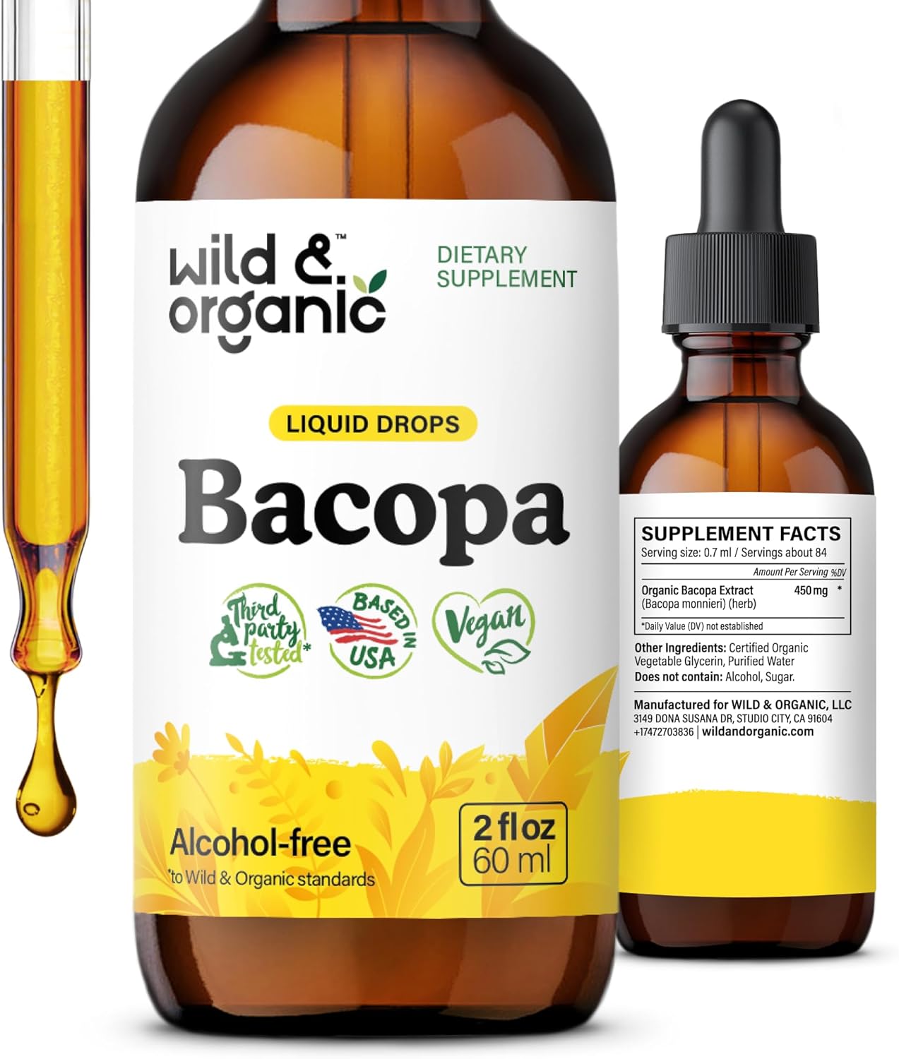 Organic Bacopa Tincture for Calm, Focus & Clarity - Alcohol-Free Brahmi Extract - Vegan Liquid Supplement - 2 fl oz