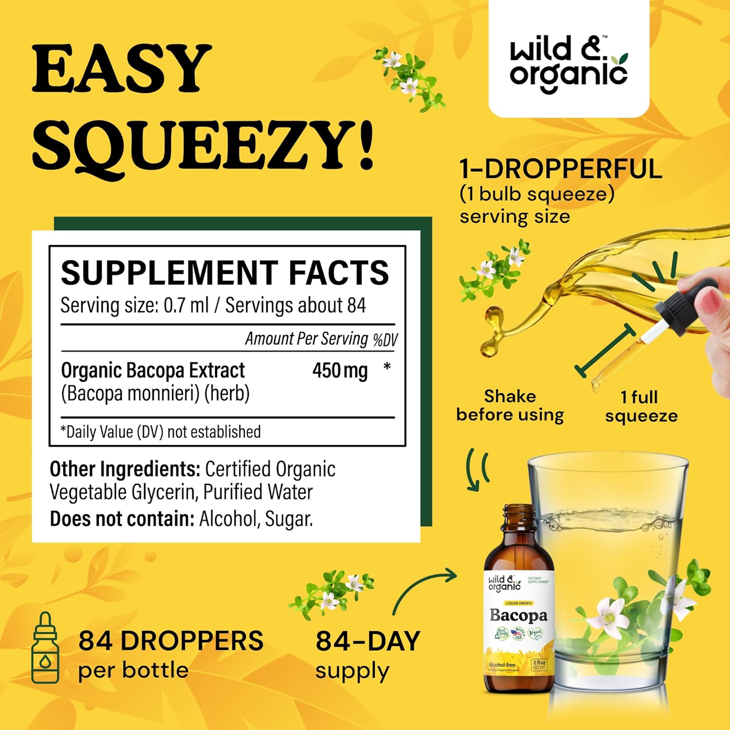 Organic Bacopa Tincture for Calm, Focus & Clarity - Alcohol-Free Brahmi Extract - Vegan Liquid Supplement - 2 fl oz