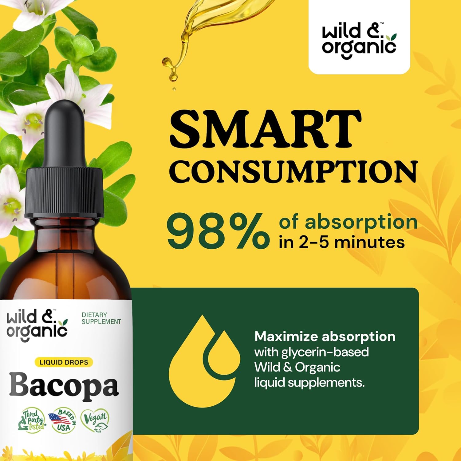 Organic Bacopa Tincture for Calm, Focus & Clarity - Alcohol-Free Brahmi Extract - Vegan Liquid Supplement - 2 fl oz