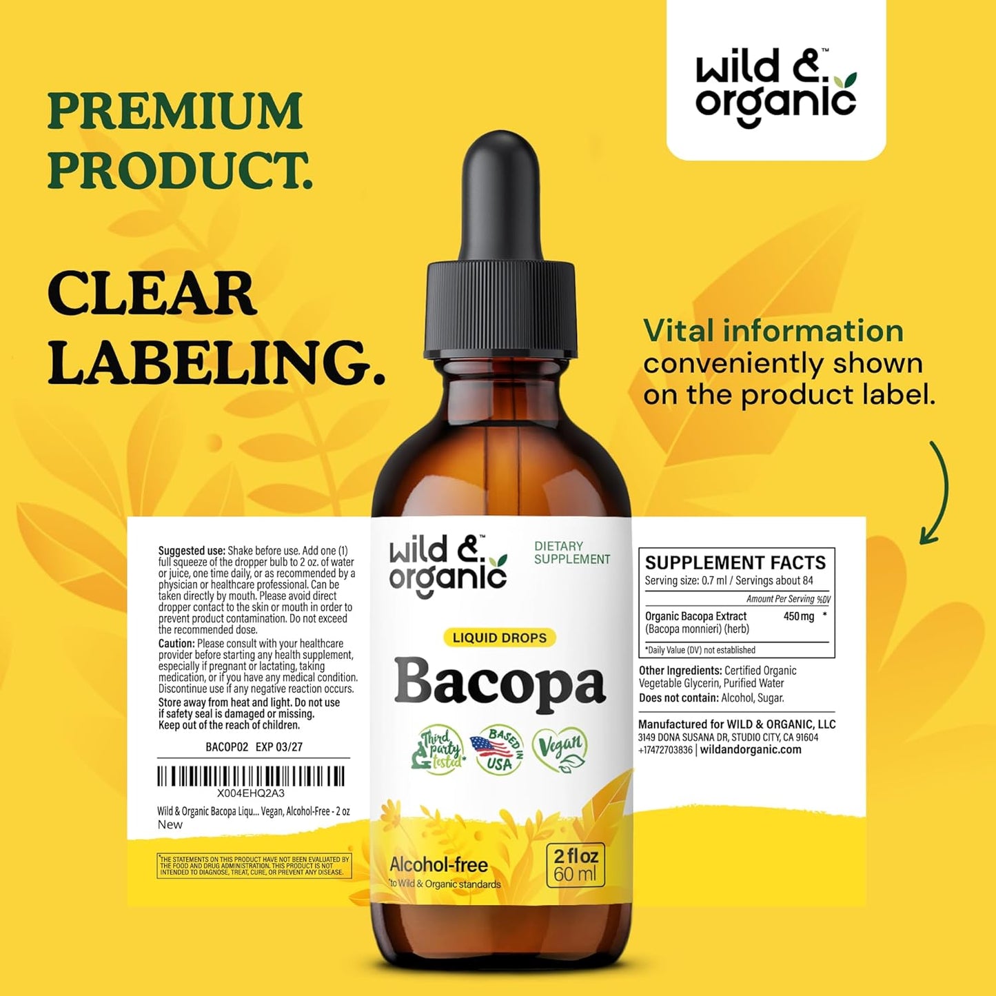 Organic Bacopa Tincture for Calm, Focus & Clarity - Alcohol-Free Brahmi Extract - Vegan Liquid Supplement - 2 fl oz