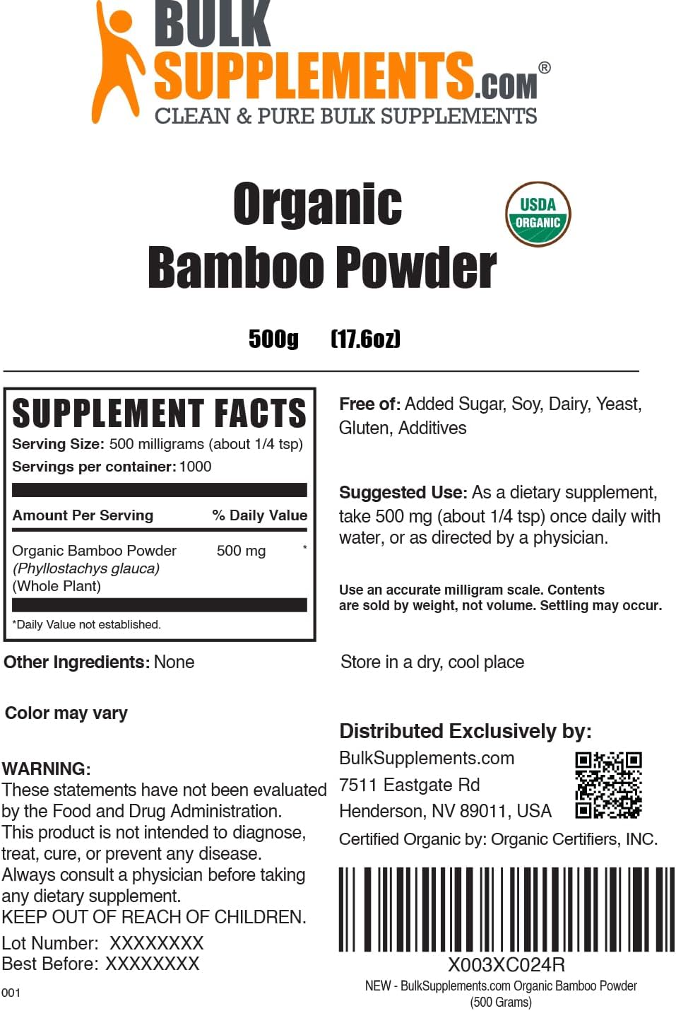 Organic Bamboo Powder Supplements - Gluten-Free Silica Supplement - 500mg per Serving - 500g (1.1 lbs) Pack of 1 - BoostGo Australia