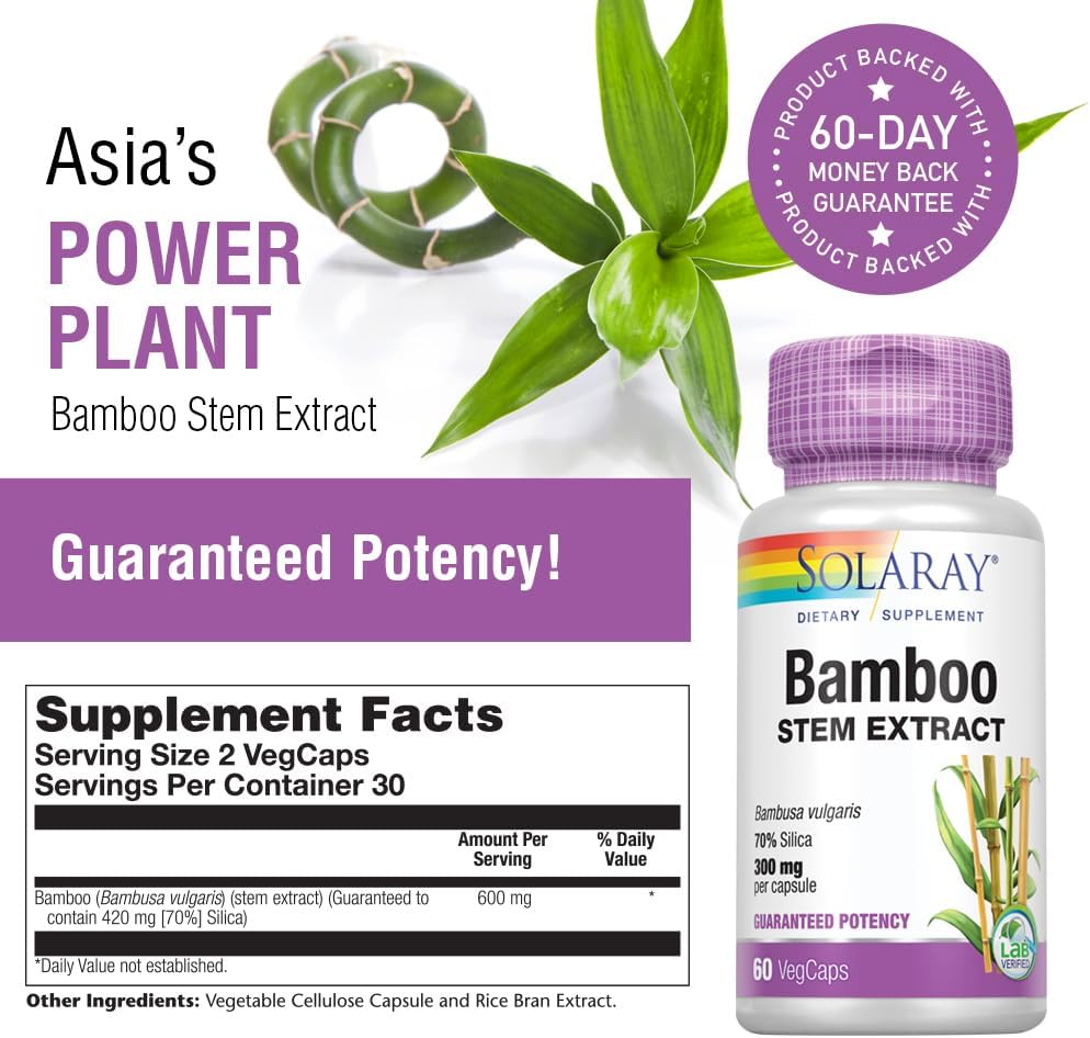 Organic Bamboo Stem Extract Capsules - 600mg | Supports Hair, Skin, Nails, Bones & Tissues | Non-GMO, Vegan, Lab Tested | 60 VegCaps