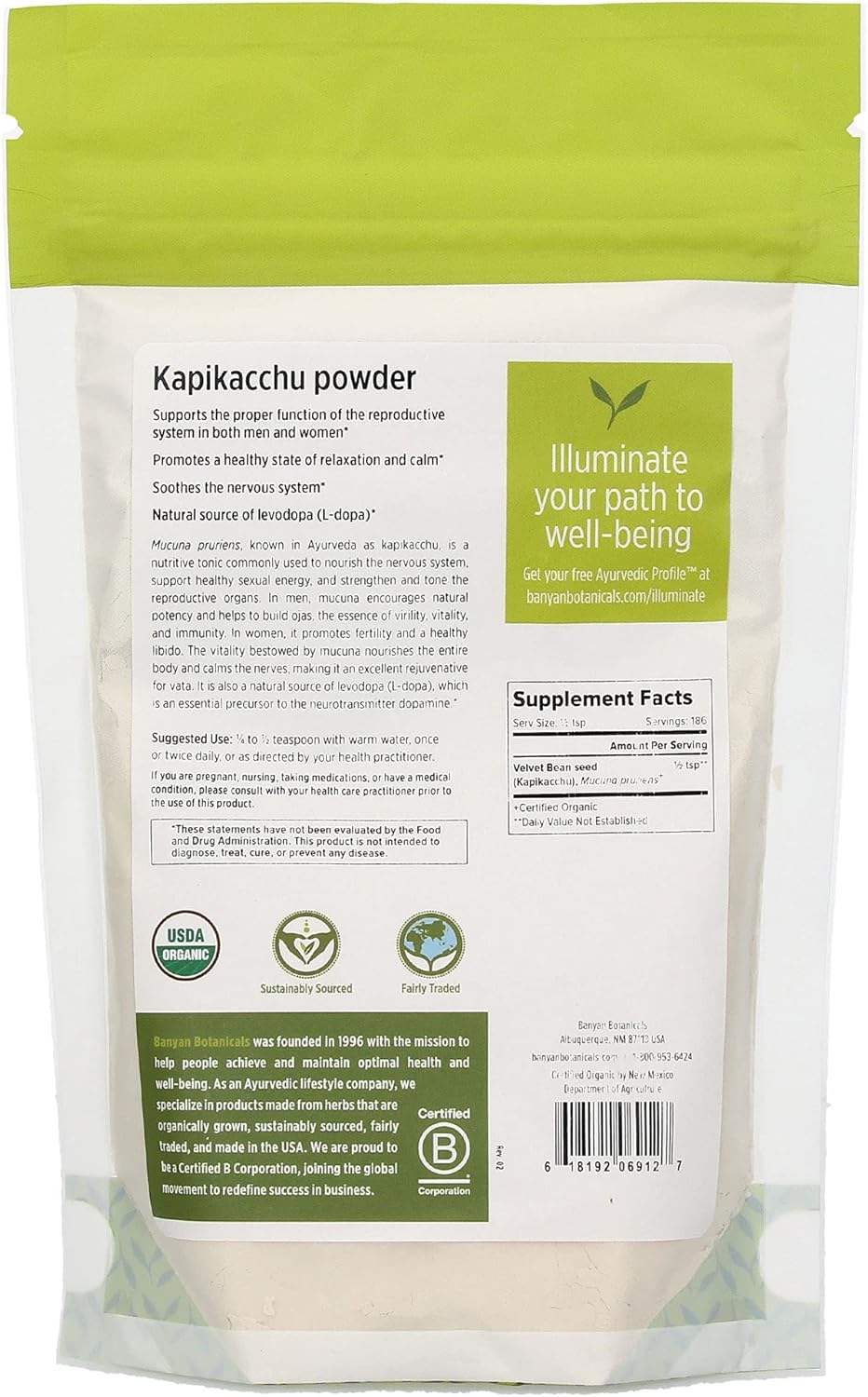Organic Banyan Botanicals Kapikacchu Powder - 1/2 Pound - Natural L-dopa Source - Mucuna pruriens - USDA Certified